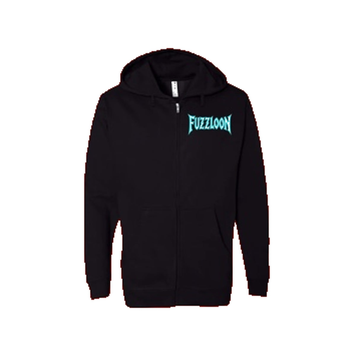 TRICK ZIP black FUZZLOON zip hoodie on white background